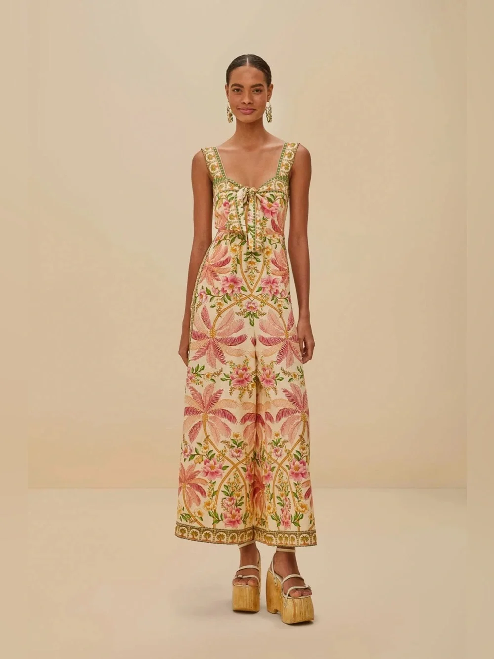 Farm Rio Palm Dream Strappy Jumpsuit Floral Linen Blend XL